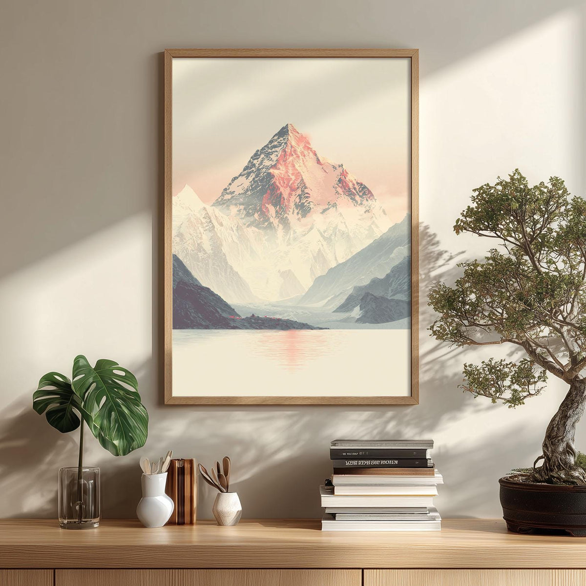 Snowy Mountain Print, Minimal Landscape Wall Art Poster, Pink Teal Nature Decor