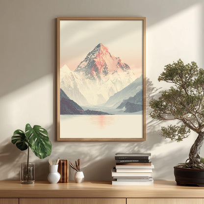Snowy Mountain Print, Minimal Landscape Wall Art Poster, Pink Teal Nature Decor