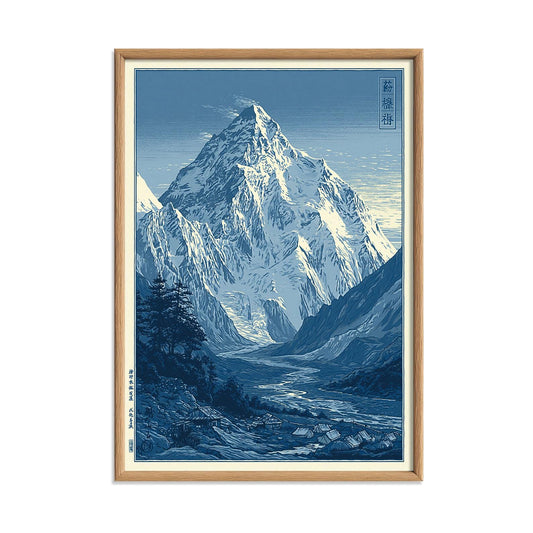 Blue Snowy Mountain Print, Japanese Landscape Wall Art Poster, Alpine Valley Decor