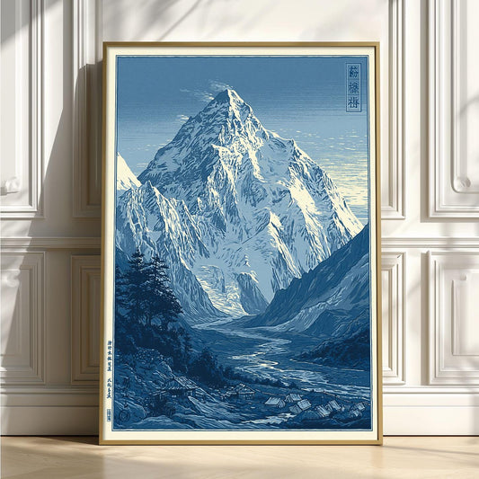 Blue Snowy Mountain Print, Japanese Landscape Wall Art Poster, Alpine Valley Decor