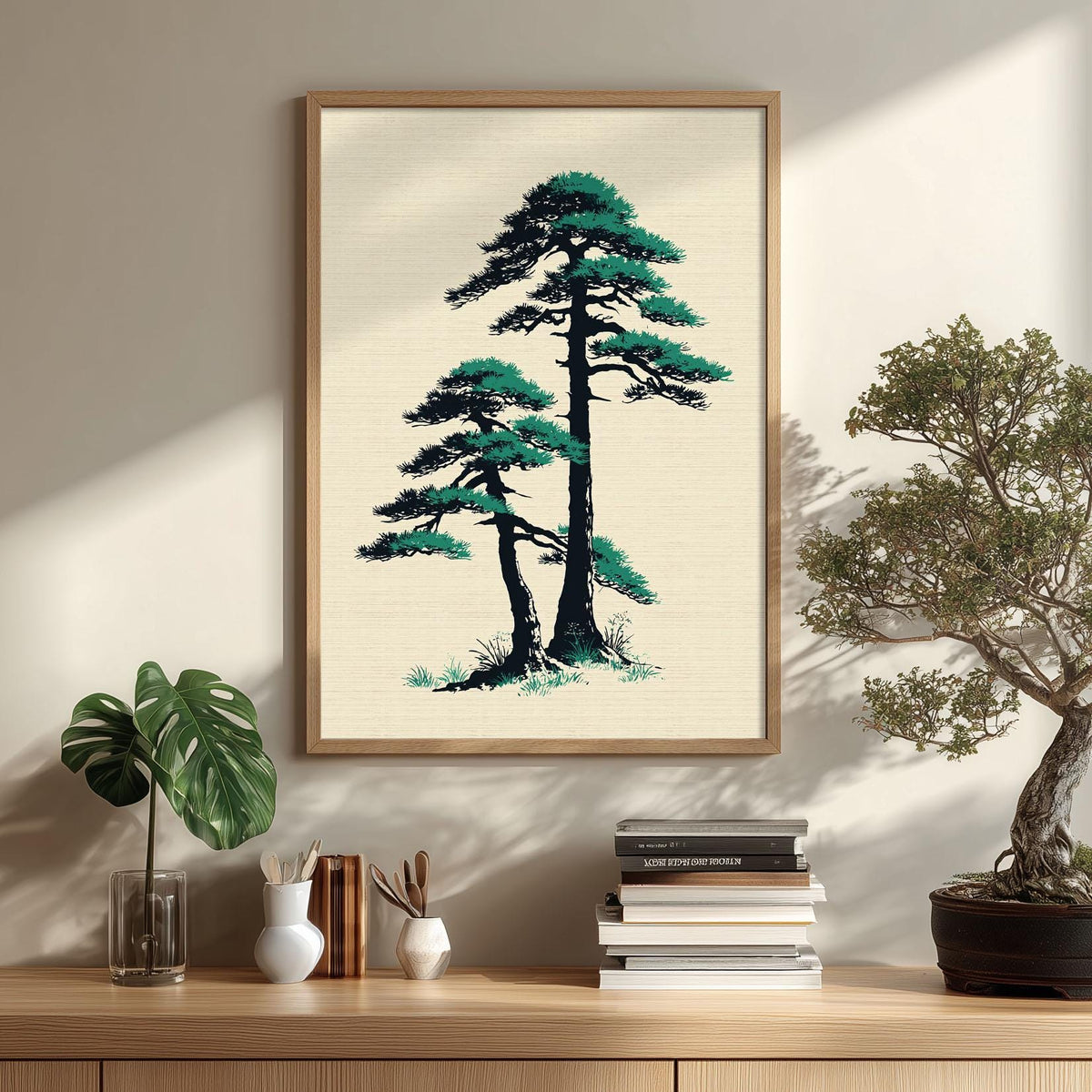Japanese Pine Tree Print, Minimal Asian Wall Art Poster, Zen Botanical Decor