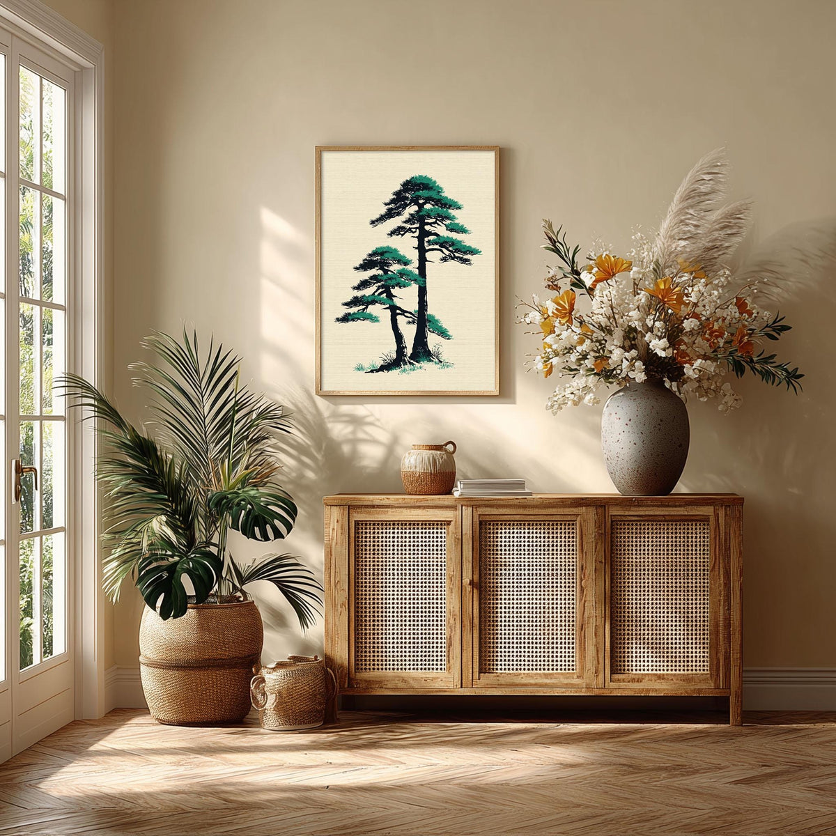 Japanese Pine Tree Print, Minimal Asian Wall Art Poster, Zen Botanical Decor