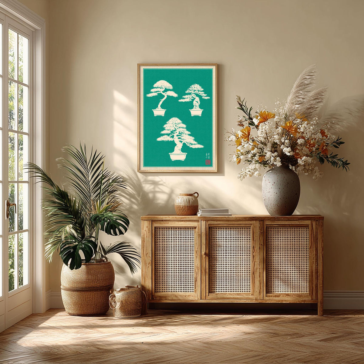 Bonsai Tree Print, Teal Japanese Wall Art Poster, Zen Botanical Decor