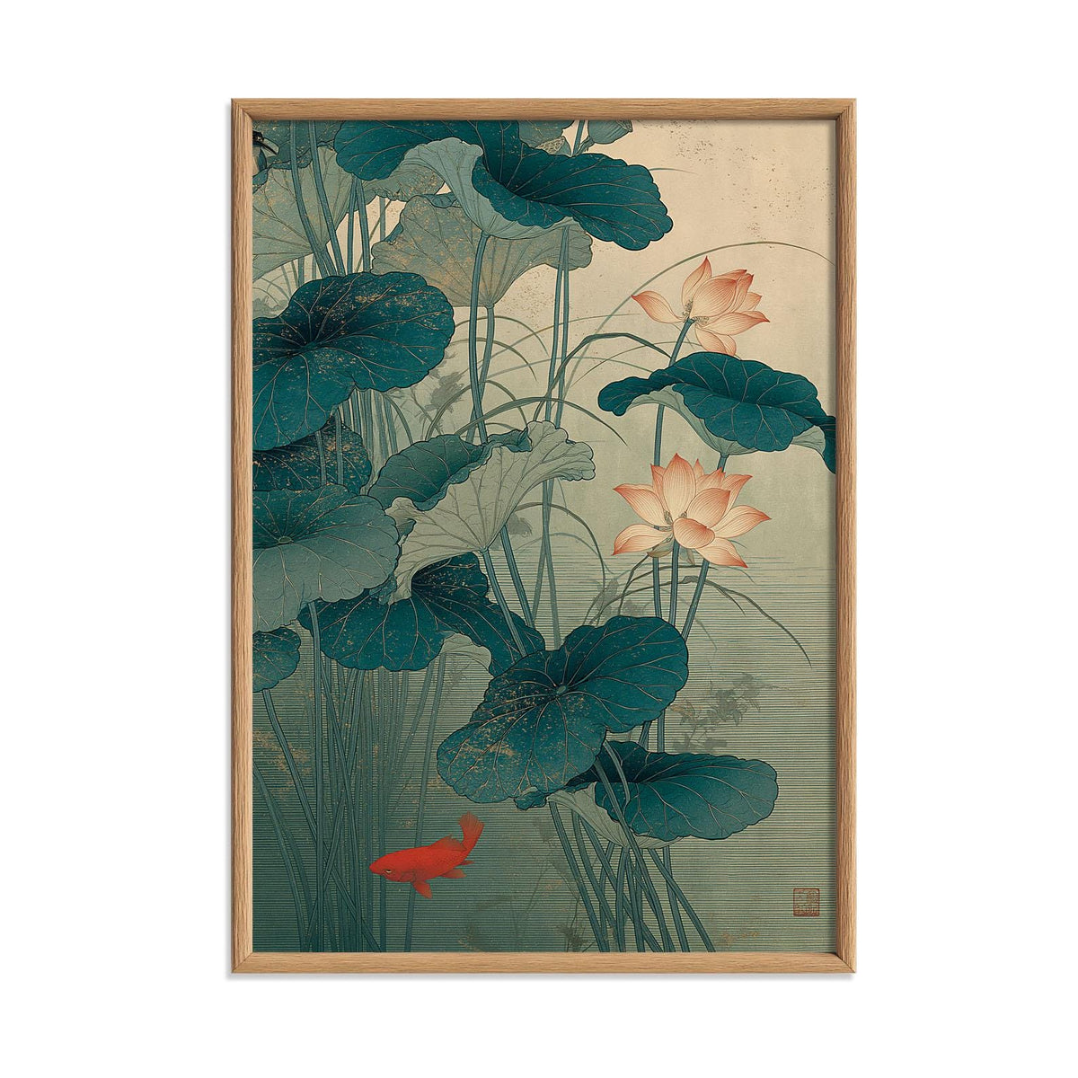 Lotus Flower Print, Japanese Pond Wall Art Poster, Koi Fish Botanical Decor