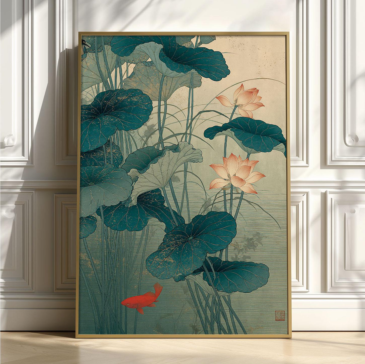 Lotus Flower Print, Japanese Pond Wall Art Poster, Koi Fish Botanical Decor