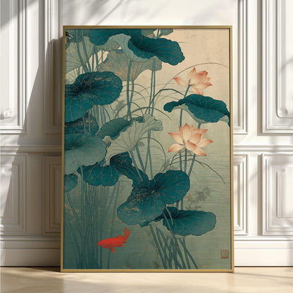 Lotus Flower Print, Japanese Pond Wall Art Poster, Koi Fish Botanical Decor