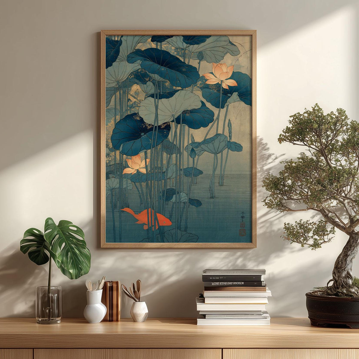 Lotus Koi Print, Japanese Pond Wall Art Poster, Zen Botanical Decor