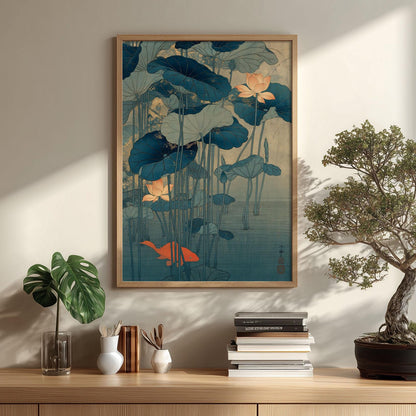 Lotus Koi Print, Japanese Pond Wall Art Poster, Zen Botanical Decor