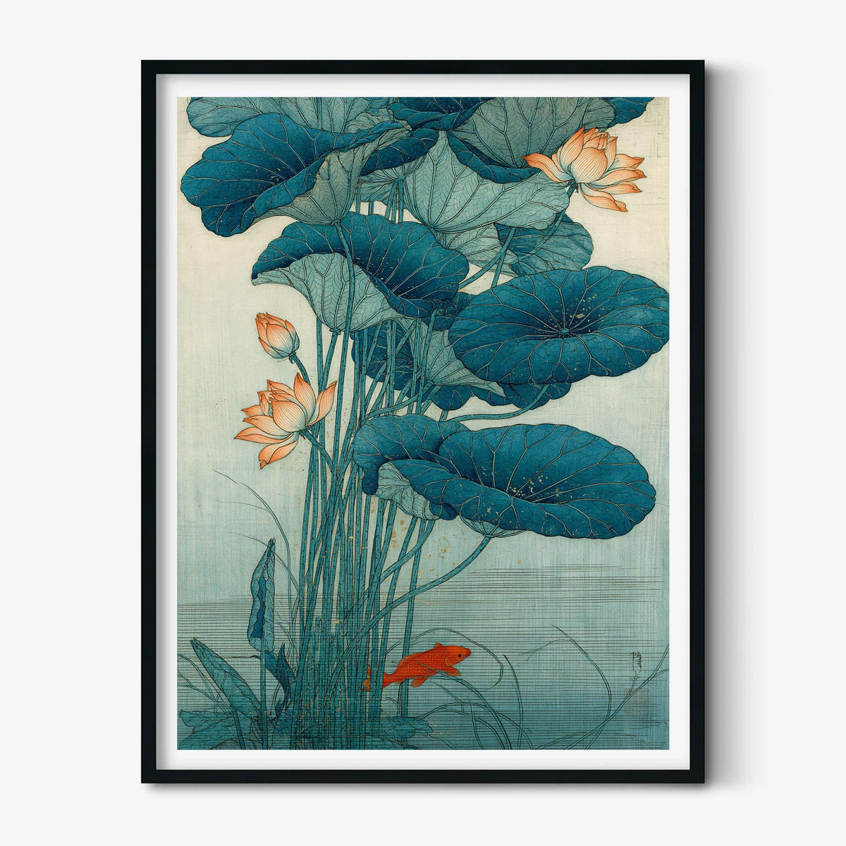 Lotus Pond Print, Japanese Koi Fish Wall Art Poster, Zen Floral Decor