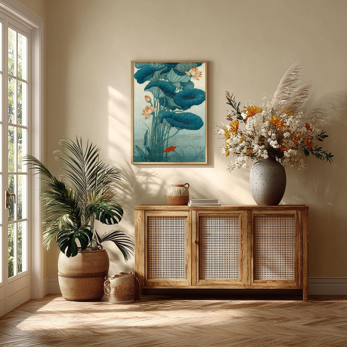 Lotus Pond Print, Japanese Koi Fish Wall Art Poster, Zen Floral Decor