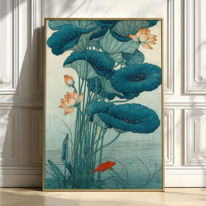 Lotus Pond Print, Japanese Koi Fish Wall Art Poster, Zen Floral Decor