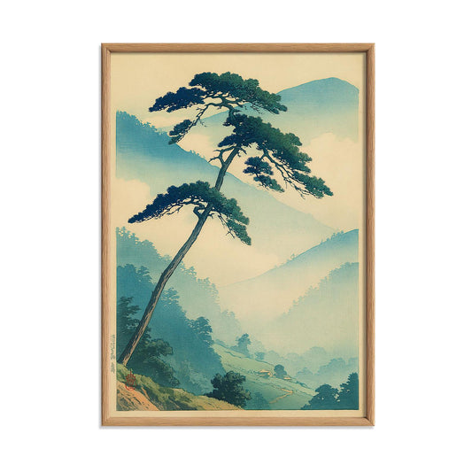 Japanese Pine Print, Misty Mountain Wall Art Poster, Zen Landscape Decor