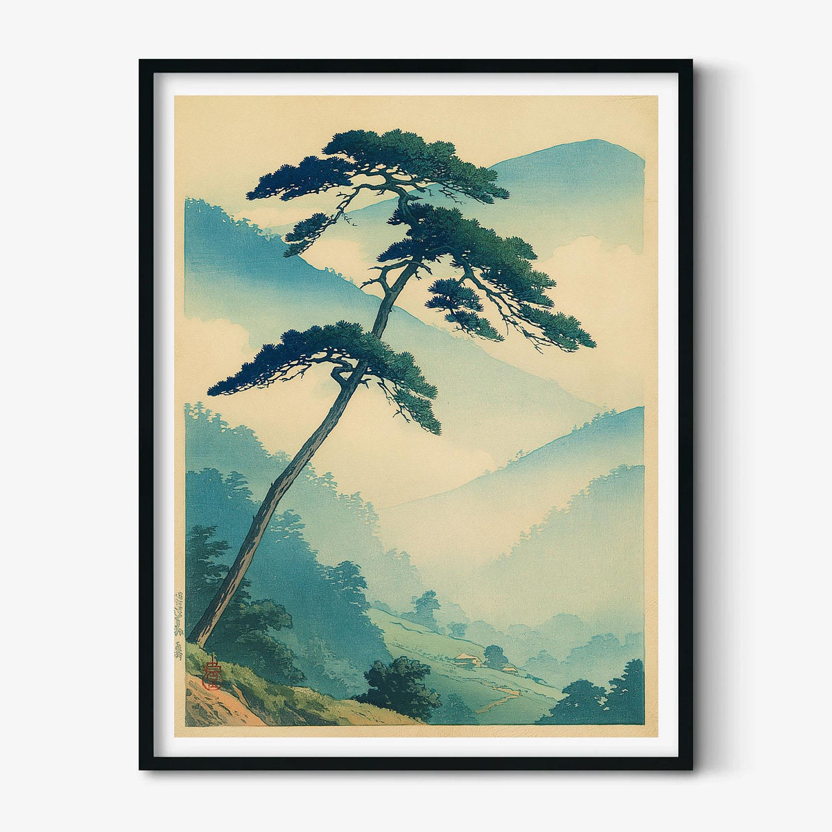 Japanese Pine Print, Misty Mountain Wall Art Poster, Zen Landscape Decor