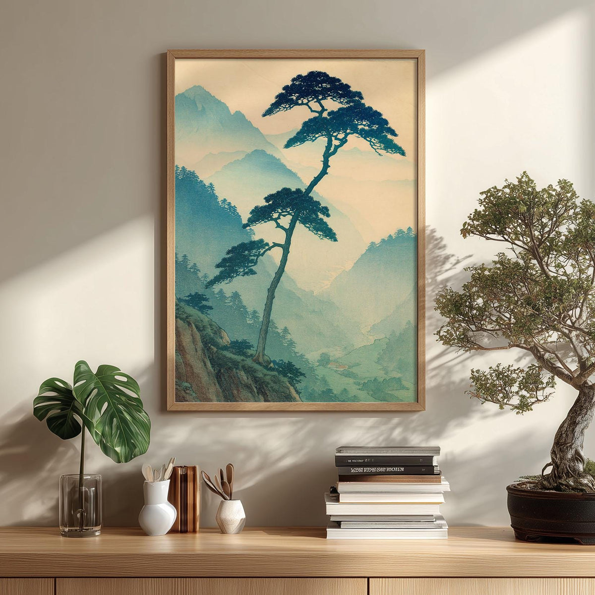 Japanese Pine Print, Misty Mountain Wall Art Poster, Zen Landscape Decor