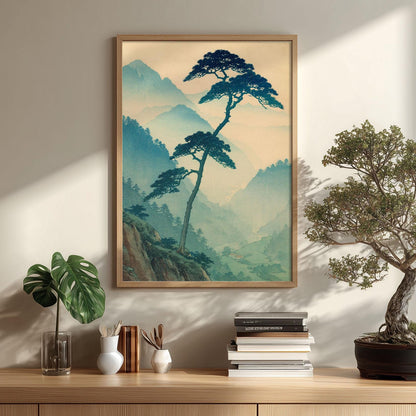 Japanese Pine Print, Misty Mountain Wall Art Poster, Zen Landscape Decor