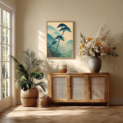 Japanese Pine Print, Misty Mountain Wall Art Poster, Zen Landscape Decor