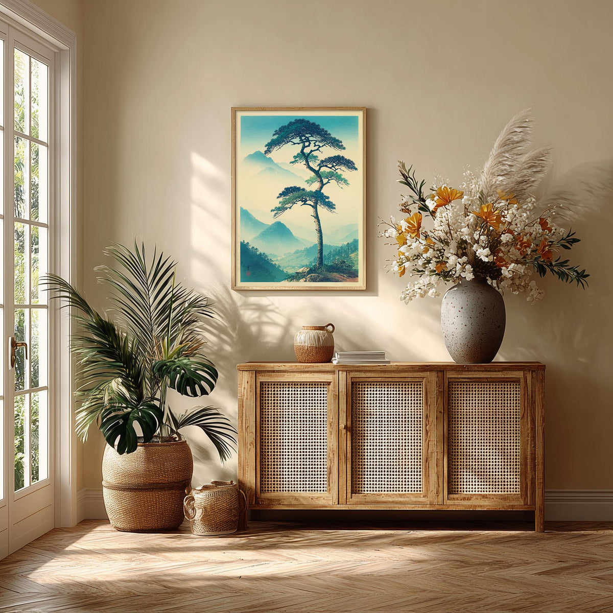 Lone Pine Tree Print, Japanese Mountain Wall Art Poster, Calm Zen Landscape Decor