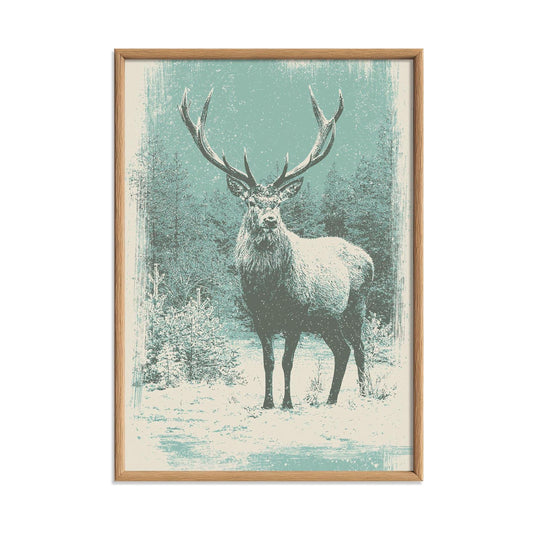 Stag Deer Print, Winter Forest Wall Art Poster, Rustic Woodland Decor
