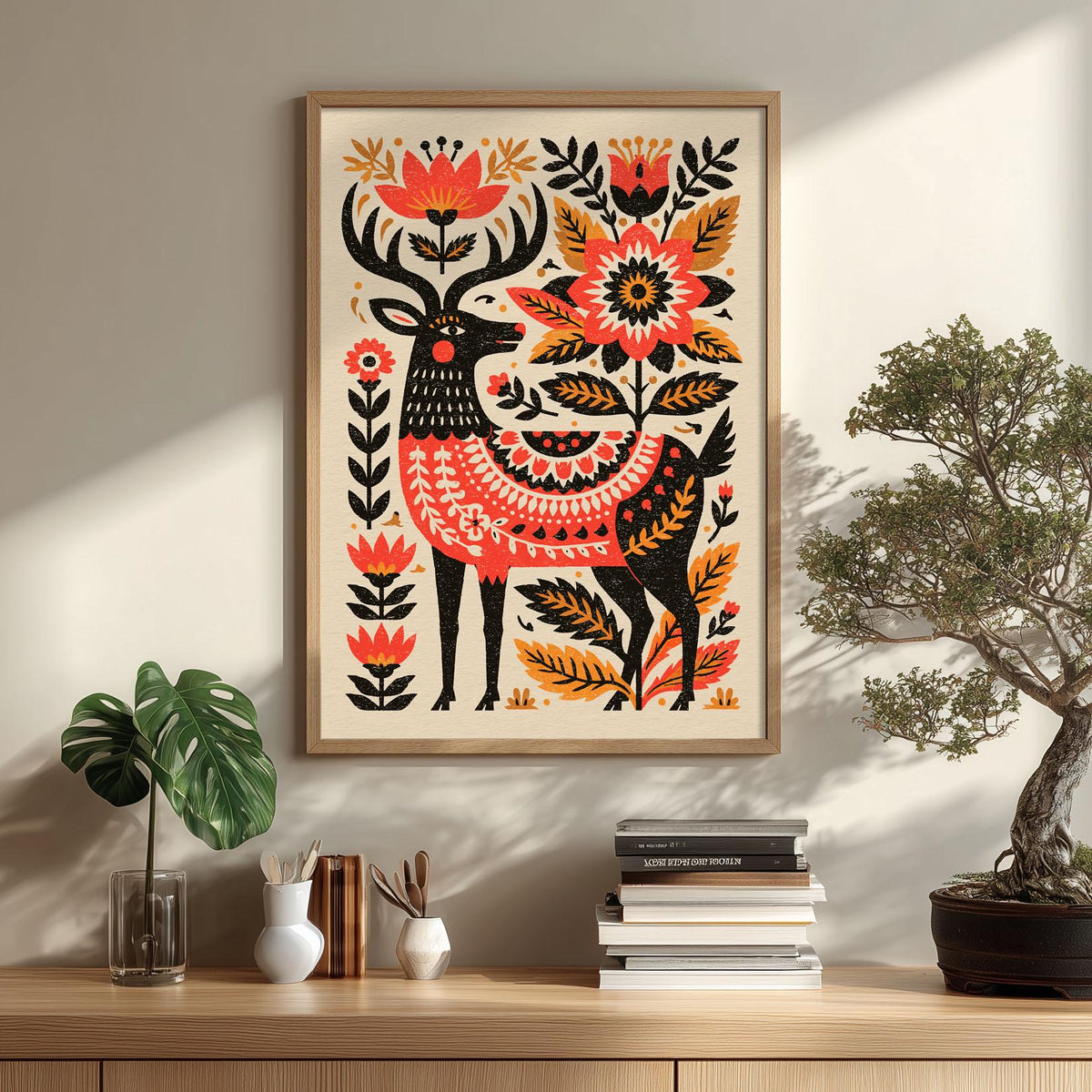 Folk Deer Print, Scandinavian Floral Wall Art Poster, Rustic Woodland Decor