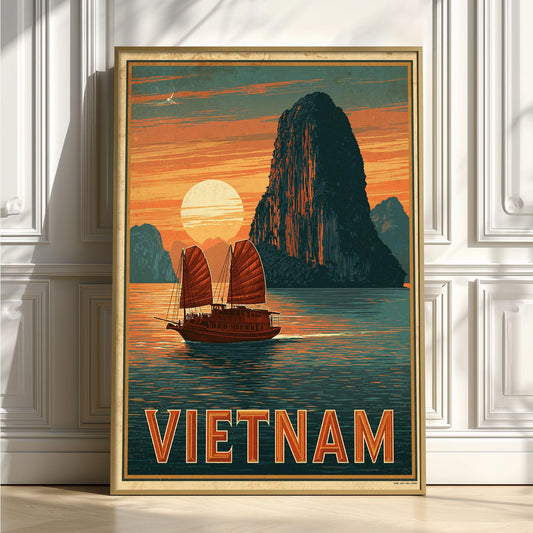 Vietnam Travel Poster, Vintage Asian Landscape Wall Art Print, Sunset Boat Decor