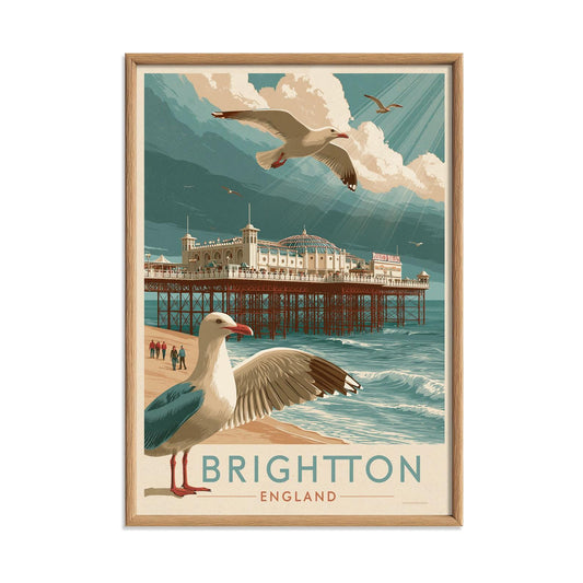 Brighton Travel Poster, Vintage Seaside Wall Art Print, England Pier Beach Decor