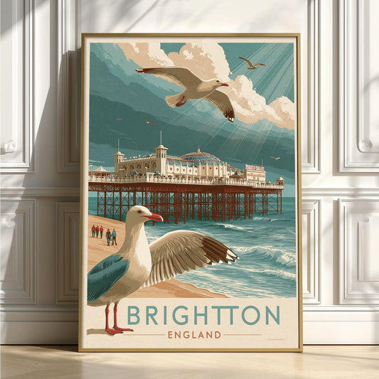 Brighton Travel Poster, Vintage Seaside Wall Art Print, England Pier Beach Decor