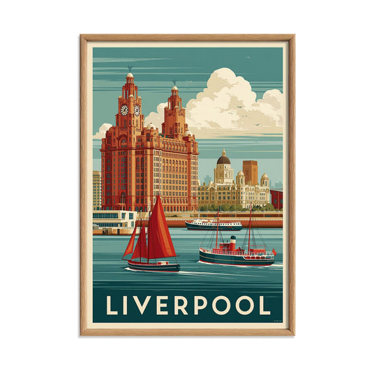 Liverpool Travel Poster, Vintage Waterfront Wall Art Print, England City Decor
