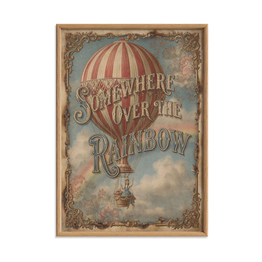Somewhere Over Rainbow Print, Vintage Hot Air Balloon Wall Art, Whimsical Nursery Decor