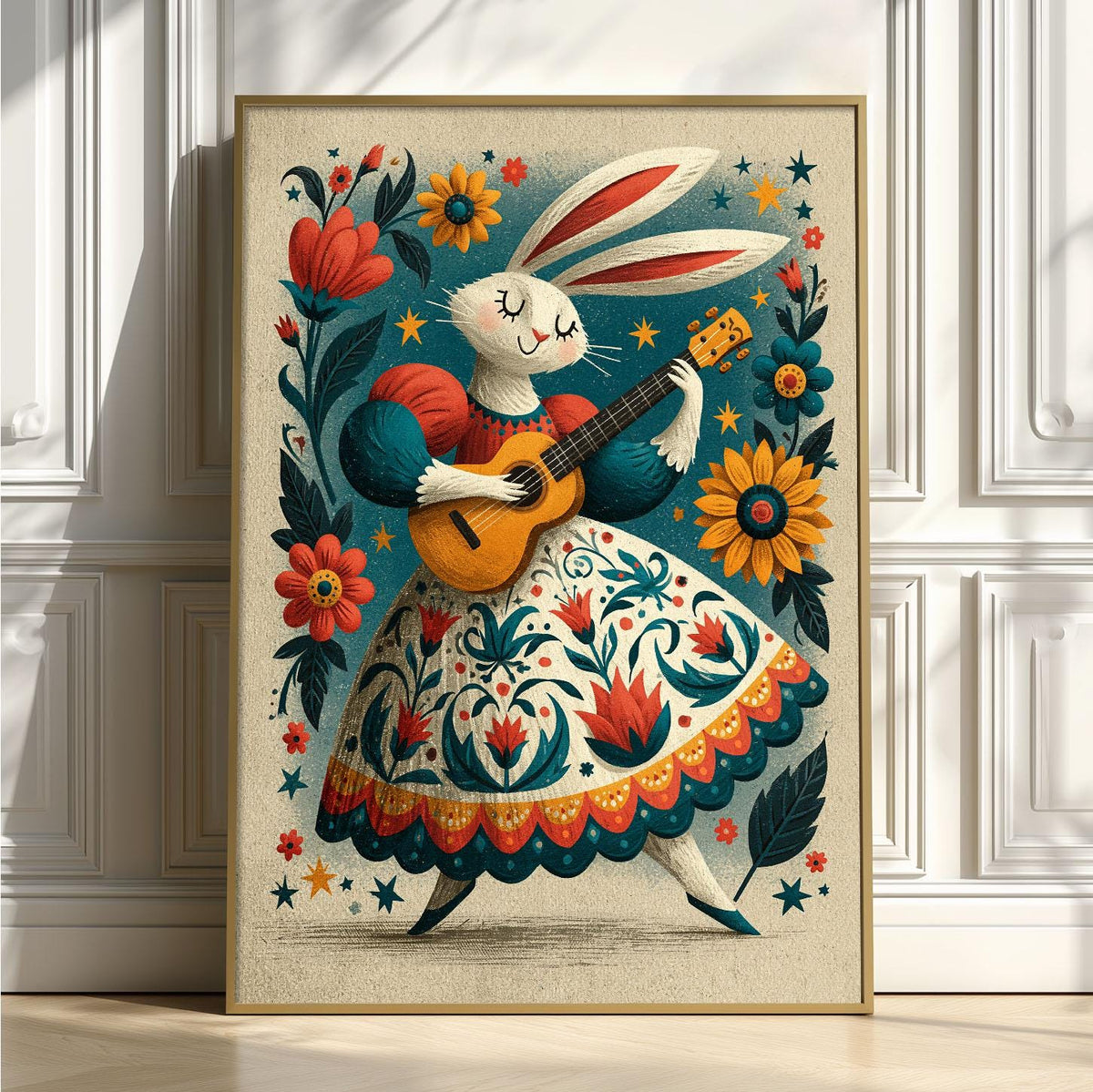 Rabbit Guitar Print, Folk Floral Wall Art Poster, Whimsical Nursery Decor