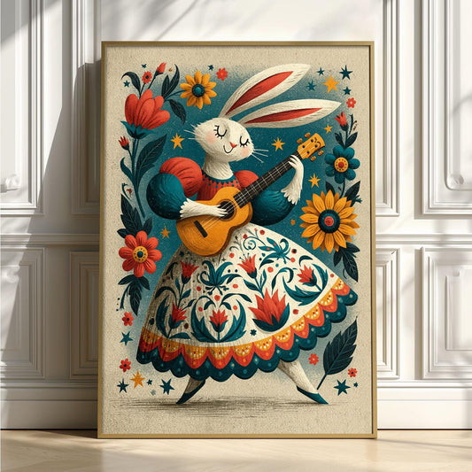 Rabbit Guitar Print, Folk Floral Wall Art Poster, Whimsical Nursery Decor