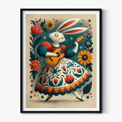 Rabbit Guitar Print, Folk Floral Wall Art Poster, Whimsical Nursery Decor