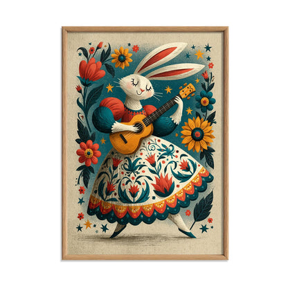 Rabbit Guitar Print, Folk Floral Wall Art Poster, Whimsical Nursery Decor
