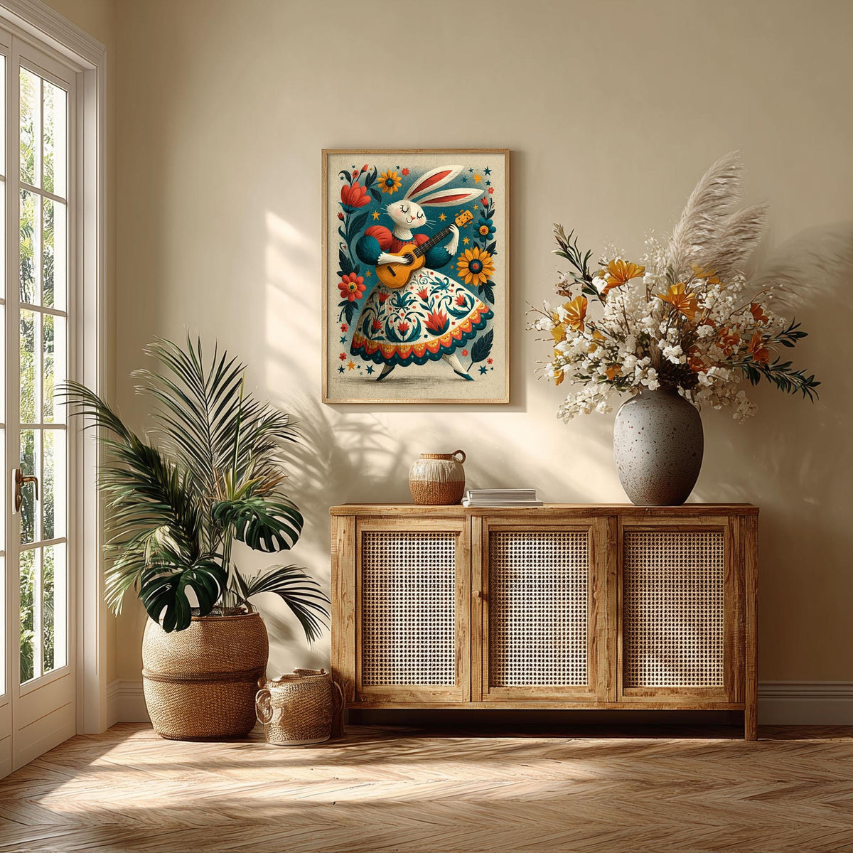 Rabbit Guitar Print, Folk Floral Wall Art Poster, Whimsical Nursery Decor