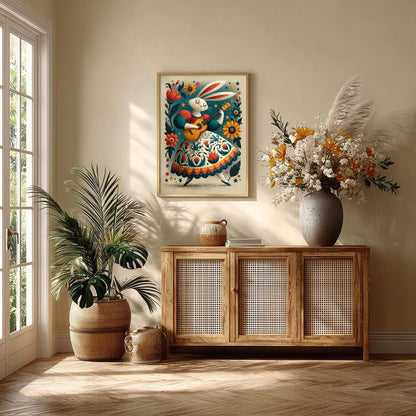Rabbit Guitar Print, Folk Floral Wall Art Poster, Whimsical Nursery Decor