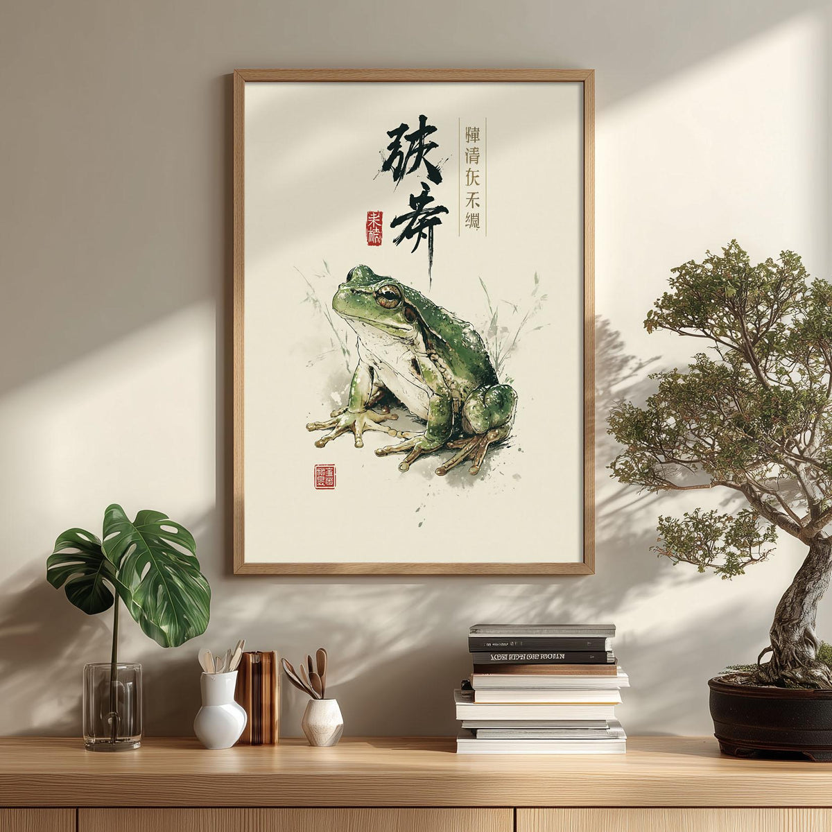 Japanese Frog Print, Green Watercolour Wall Art Poster, Zen Animal Decor