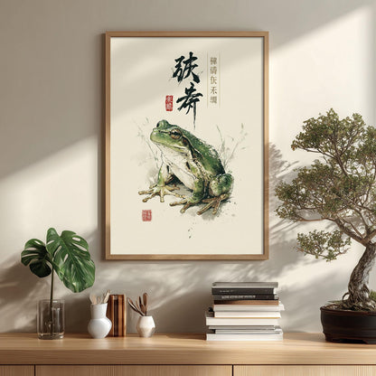Japanese Frog Print, Green Watercolour Wall Art Poster, Zen Animal Decor