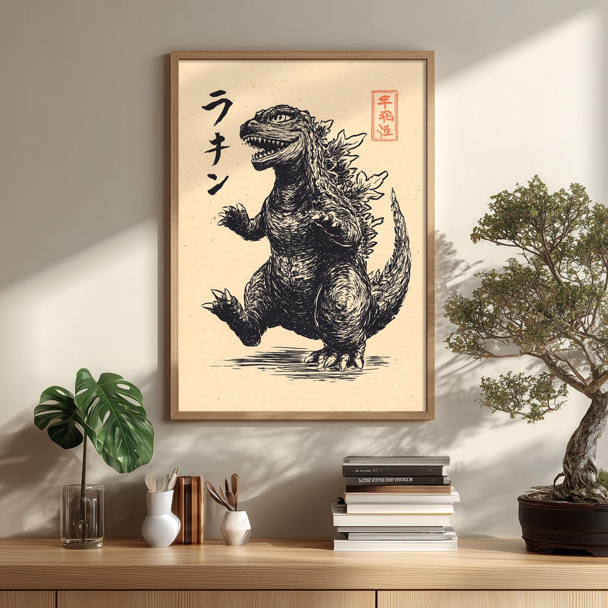 Moonlit Willow Wall Art Print, Black and White Asian Ink Landscape Poster