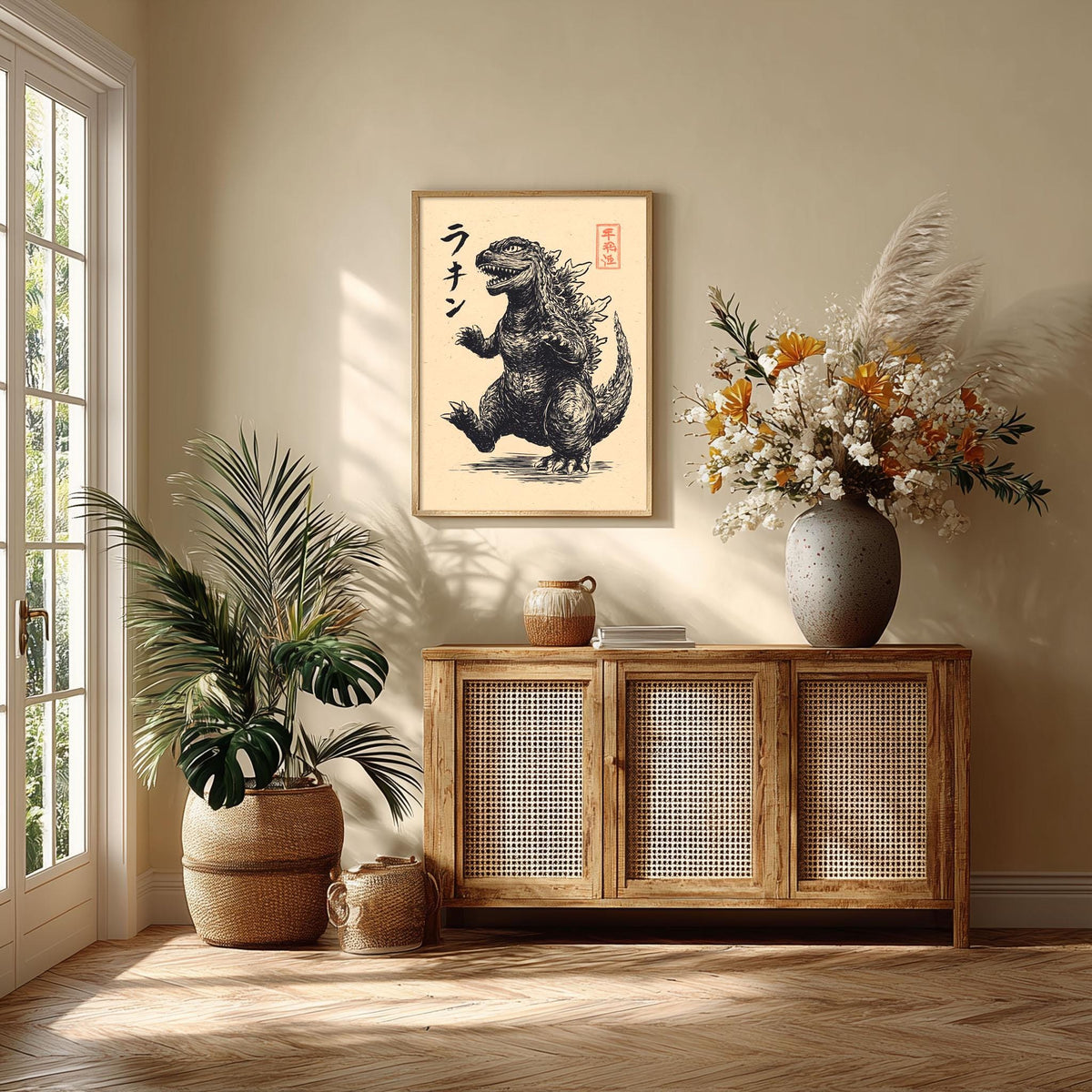 Moonlit Willow Wall Art Print, Black and White Asian Ink Landscape Poster
