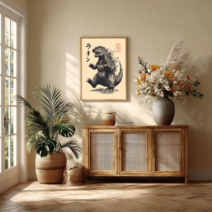 Moonlit Willow Wall Art Print, Black and White Asian Ink Landscape Poster
