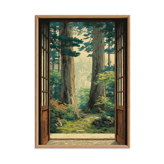 Forest Open Window Poster, Japanese Woodblock Print, Woodland View Wall Art