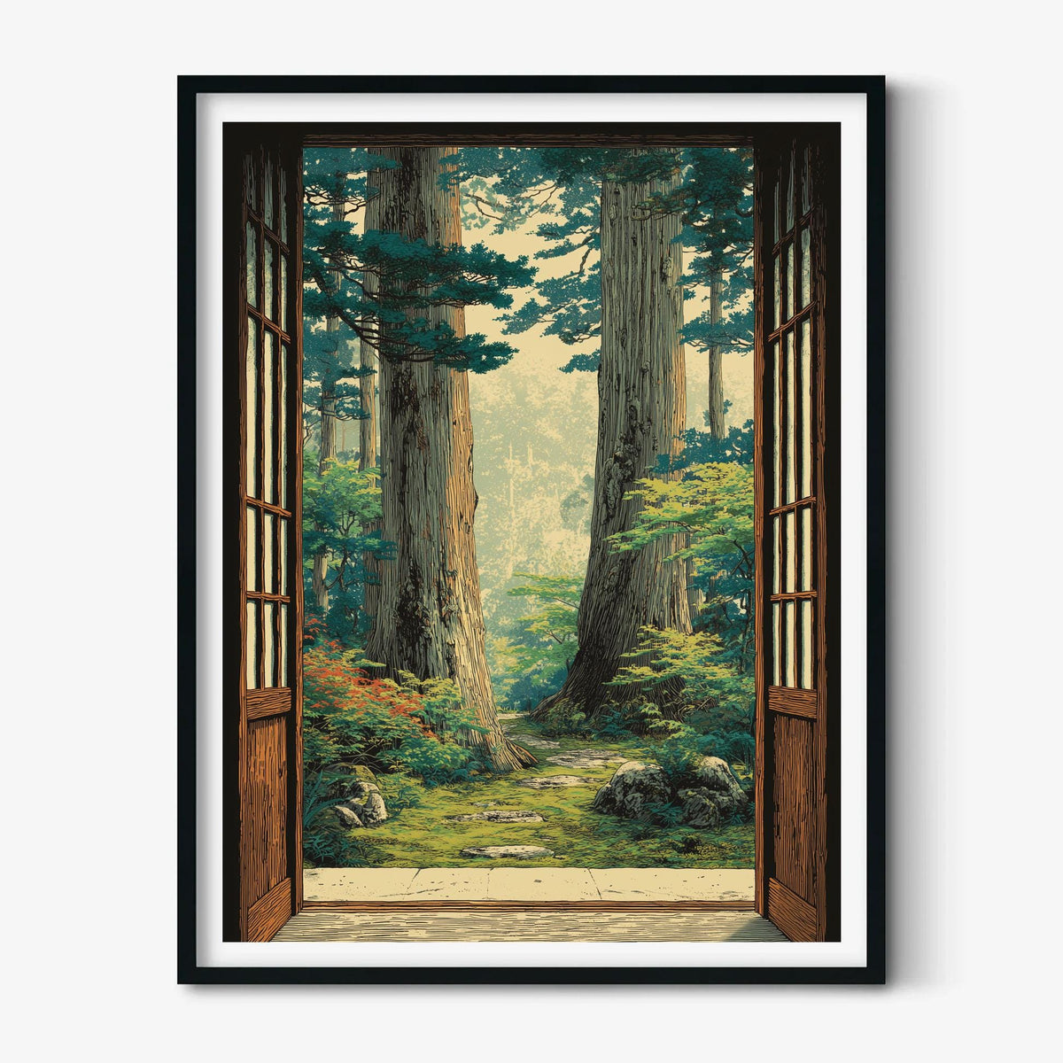 Forest Open Window Poster, Japanese Woodblock Print, Woodland View Wall Art