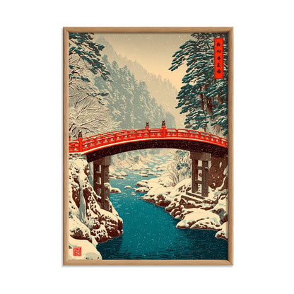 Japanese Winter Poster, Red Bridge Print, Snowy River Wall Art