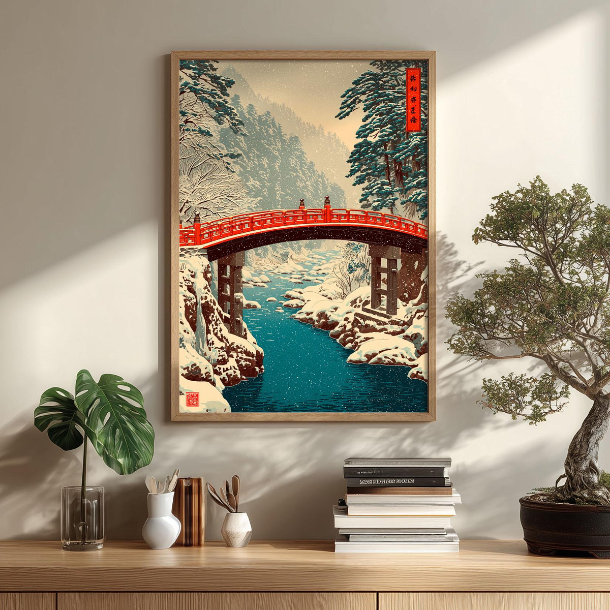 Japanese Winter Poster, Red Bridge Print, Snowy River Wall Art