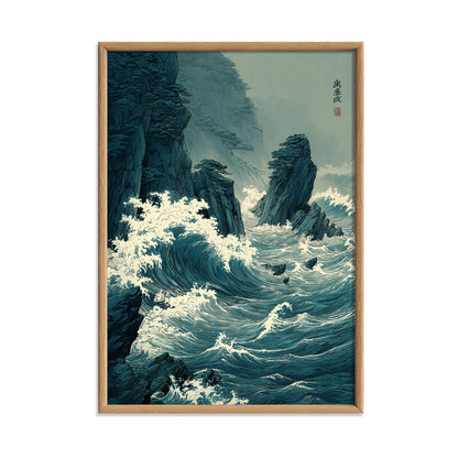 Coastal Waves Poster, Japanese Woodblock Print, Ocean Cliff Wall Art