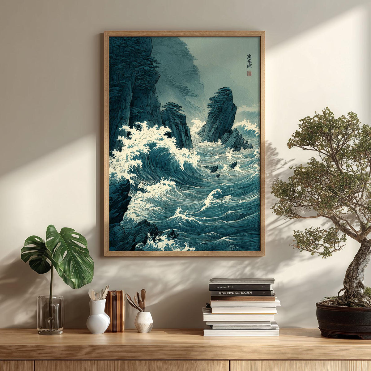 Coastal Waves Poster, Japanese Woodblock Print, Ocean Cliff Wall Art