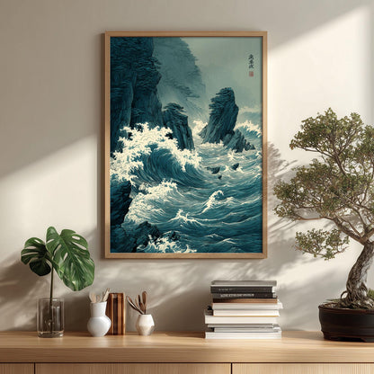 Coastal Waves Poster, Japanese Woodblock Print, Ocean Cliff Wall Art