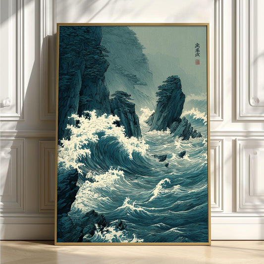 Coastal Waves Poster, Japanese Woodblock Print, Ocean Cliff Wall Art