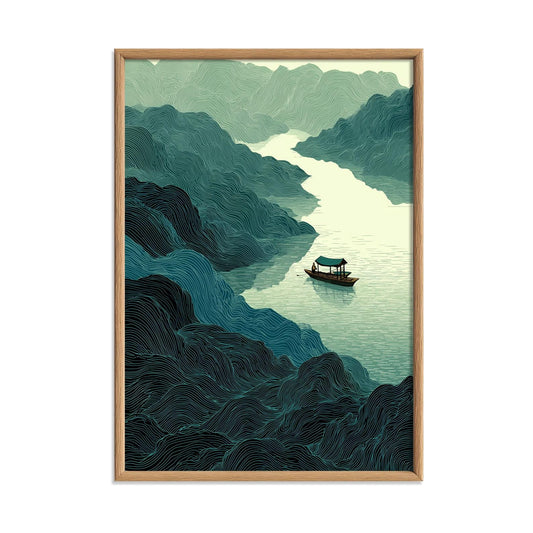 Mountain River Poster, Japanese Line Art Print, Peaceful Boat Wall Art