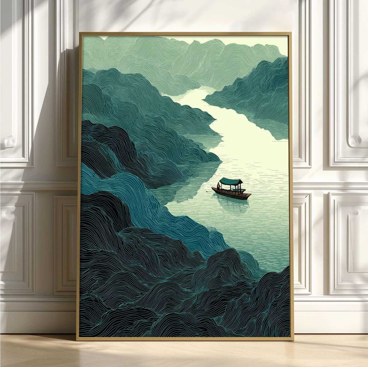 Mountain River Poster, Japanese Line Art Print, Peaceful Boat Wall Art