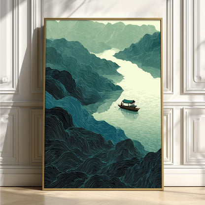 Mountain River Poster, Japanese Line Art Print, Peaceful Boat Wall Art